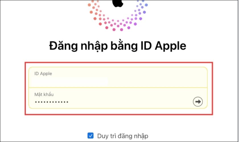 Nhập thông tin tài khoản iCloud vào mục ID Apple và Mật khẩu