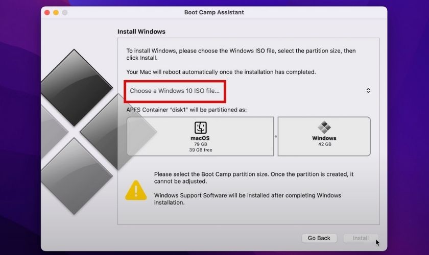 Nhấn vào Choose a Windows 10 ISO file
