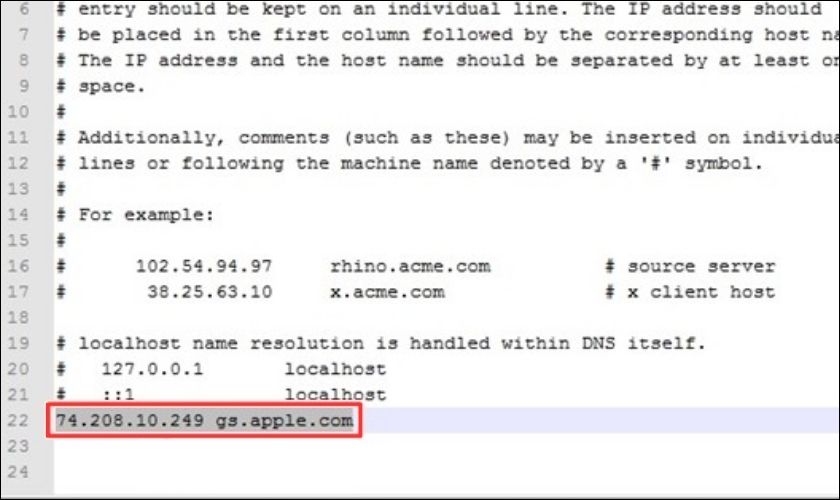 Bạn tìm và xóa dòng gs.apple.com