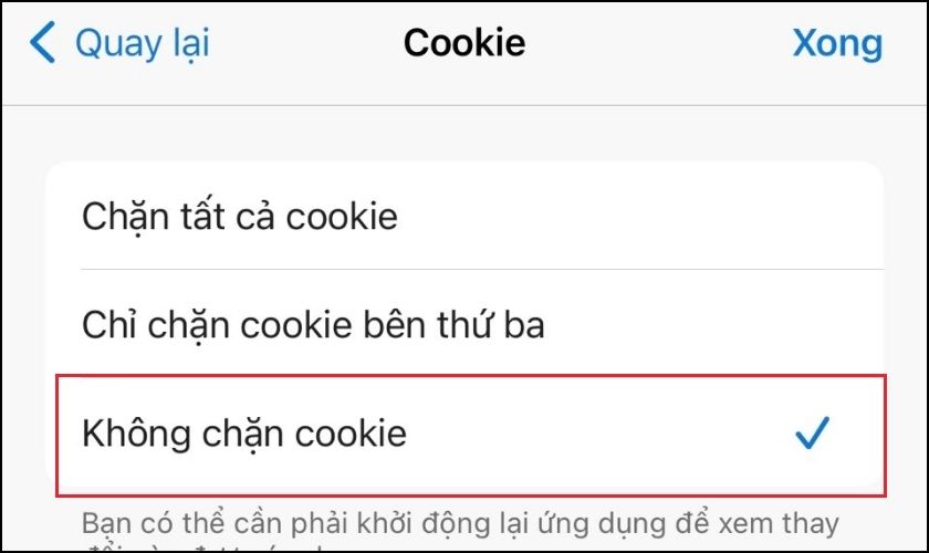 Chọn mục không chặn cookie trong tùy chọn