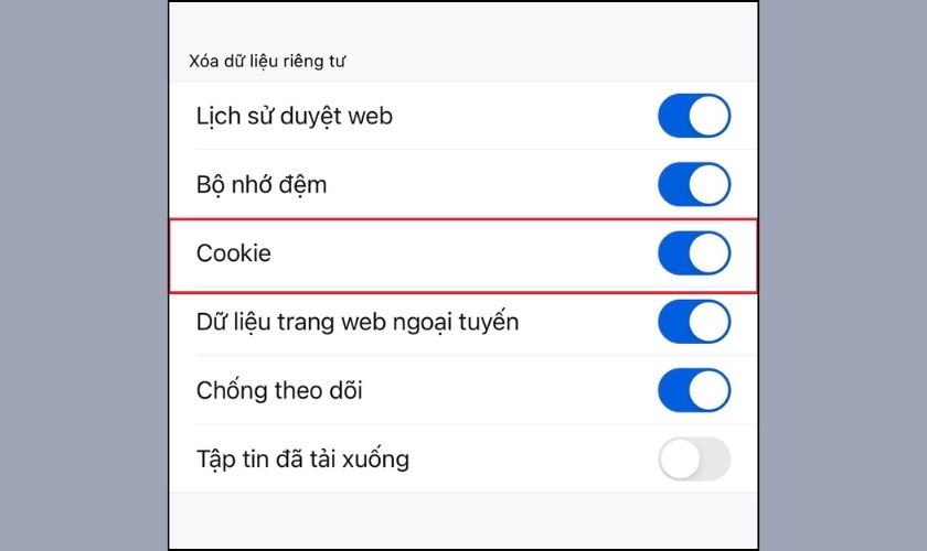 Gạt thanh cookie từ trạng thái tắt sang bật