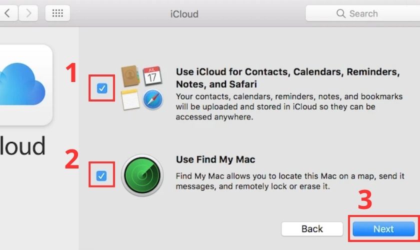 Bấm Next để tiếp tục quá trình mở iCloud trên Macbook