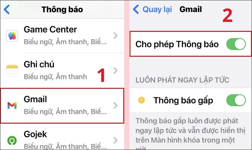 Bật chế độ cho phép thông báo cho Gmail