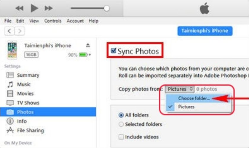 Hãy chọn vào mục Choose folder để bắt đầu tải ảnh lên iTunes