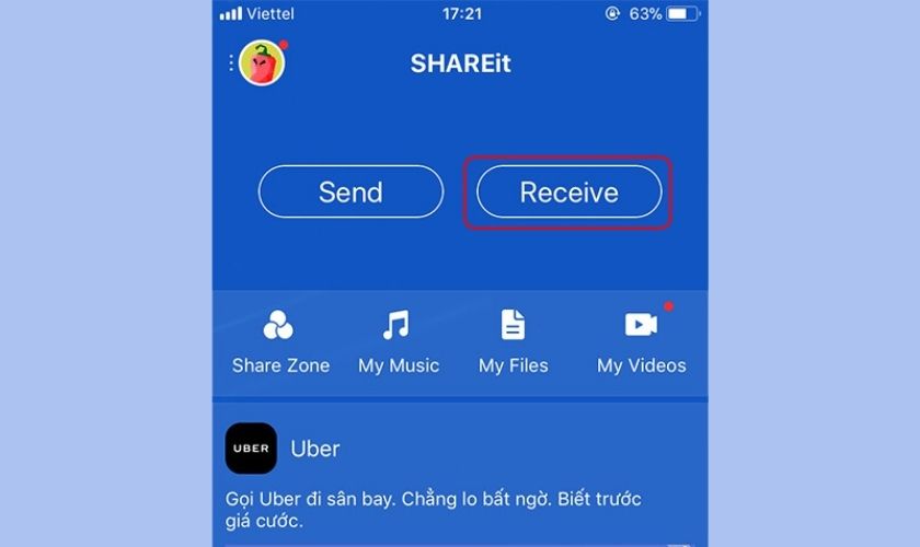 Truy cập ứng dụng Share. it trên iPhone và chọn vào mục Receive