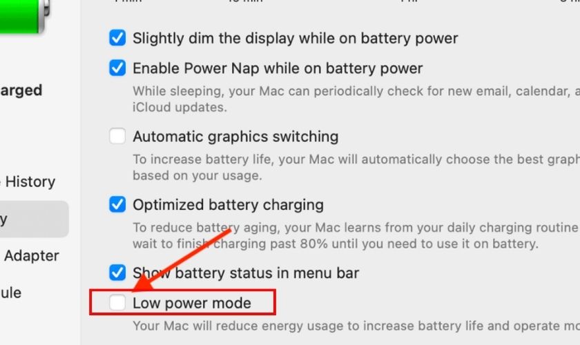 Cọn Battery và bật tùy chọn Low Power Mode