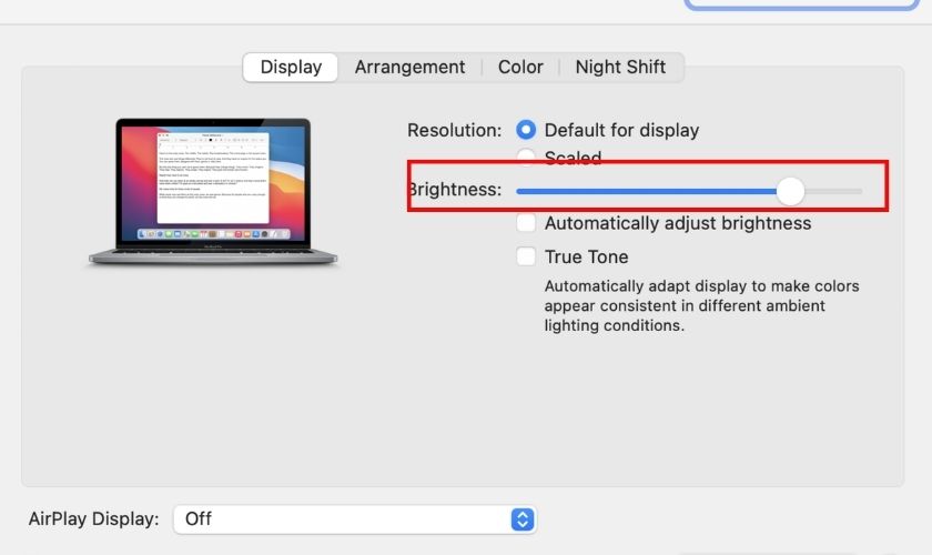 Sử dụng thanh trượt Brightness để điều chỉnh độ sáng màn hình theo nhu cầu để hạn chế chai pin Macbook