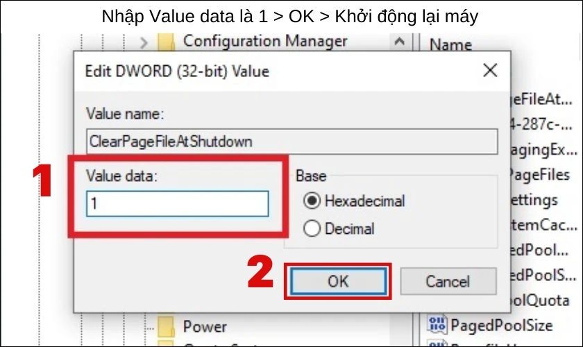 Nhập “1” vào ô Data Value và chọn OK