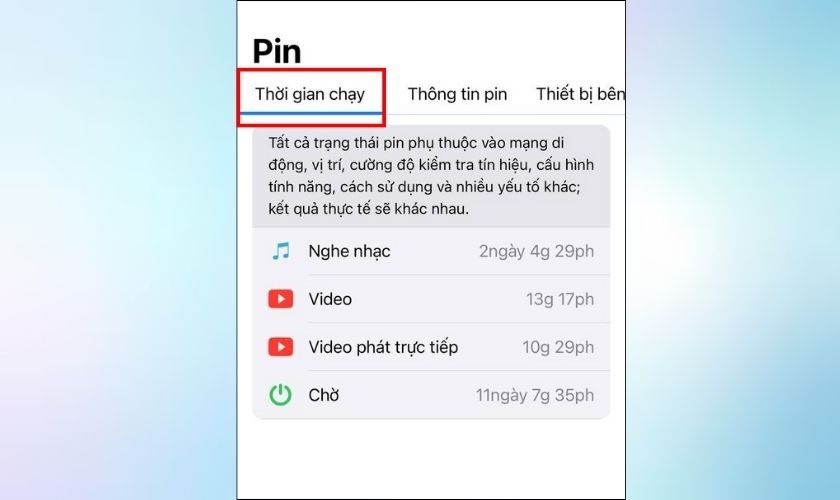 Bạn cũng có thể để xem tình trạng pin của bạn kéo dài trong vòng bao lâu khi nghe nhạc, xem video,... tại Thời gian chạy