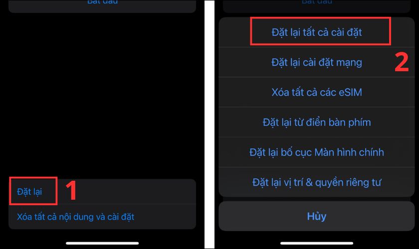 Bạn chọn Đặt lại rồi chọn tiếp Đặt lại tất cả cài đặt