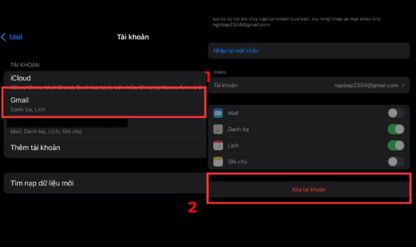 Ấn Xóa tài khoản để đăng xuất tài khoản Mail từ xa trên thiết bị khác