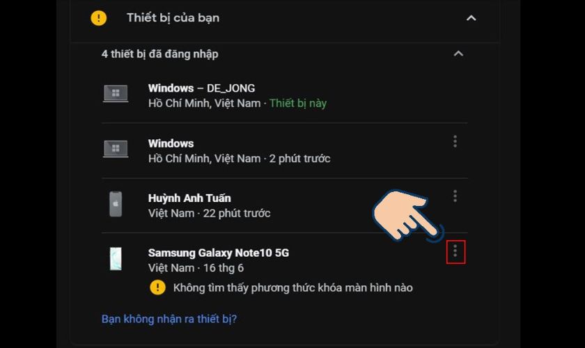 Click vào dấu 3 chậm đứng bên cạnh thiết bị đăng nhập Mail mà bạn muốn xóa