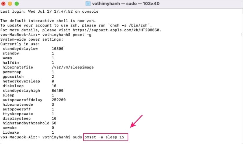 Bật Sleep bằng lệnh: sudo pmset -a sleep 15