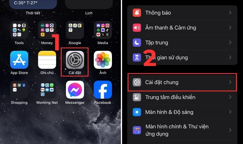 Vào Cài đặt chung trên iPhone