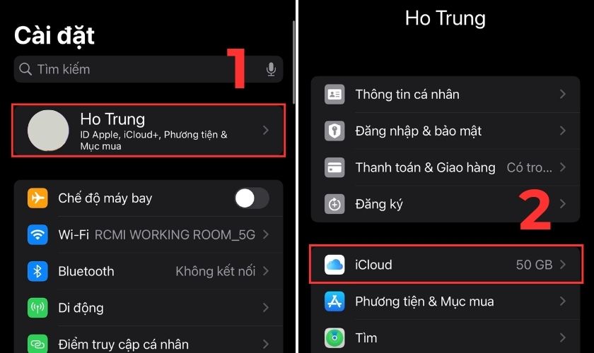 Mở Cài đặt, chọn tên Apple ID của bạn, rồi chọn iCloud