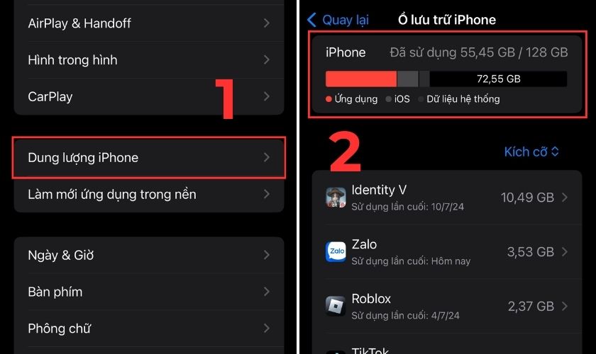 Kiểm tra qua mục Dung lượng iPhone