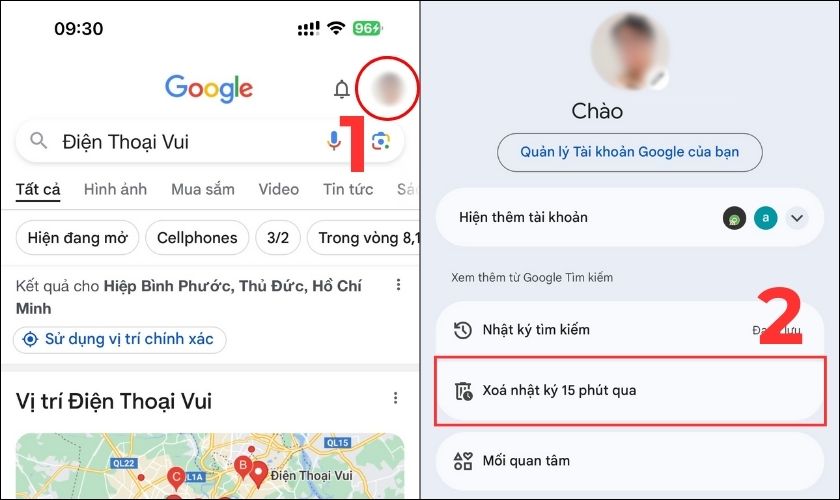 Chọn mục Xóa nhật ký 15 phút qua