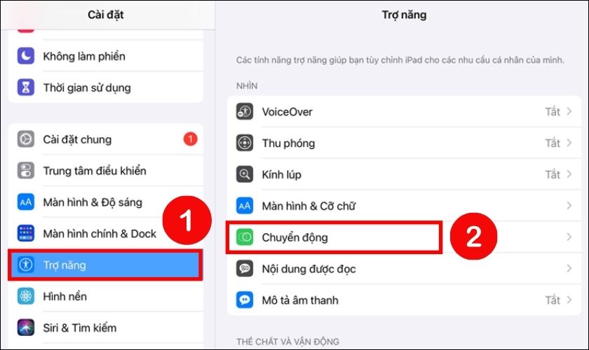 Truy cập vào mục Trợ năng rồi chọn vào tính năng Chuyển động