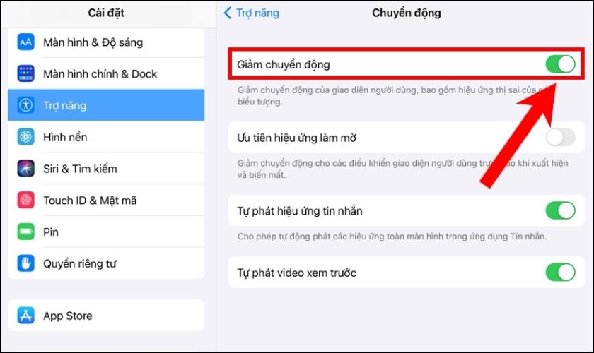 Kéo cần gạt sang phải để bật tính năng Giảm chuyển động cho iPad 2 của bạn