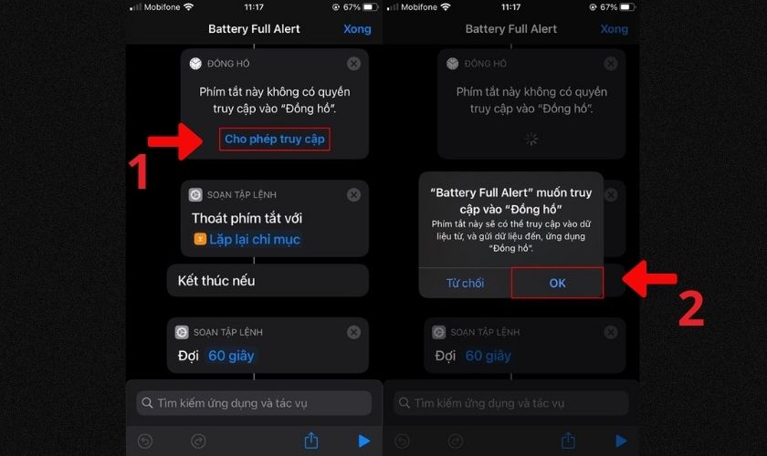 Cho phép Phím tắt vừa tải trên truy cập vào Đồng hồ và Pin của iPhone