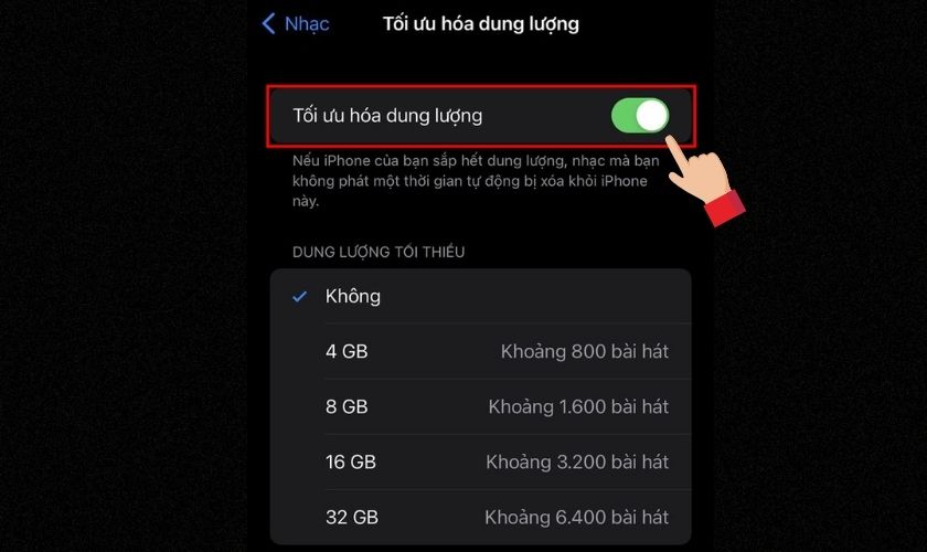 Kéo cần gạt sang phải để bật tính năng Tối ưu hóa dung lượng cho iPhone của bạn