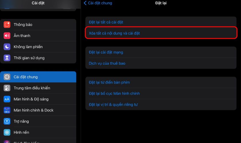 Chọn Đặt lại và nhấn Xóa tất cả nội dung và cài đặt để bắt đầu quá trình nhé