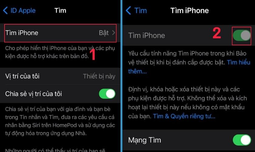 Tắt tính năng Tìm iPhone trên điện thoại