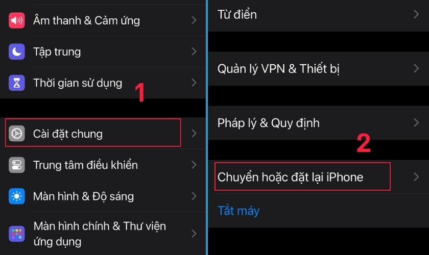 Vào Cài đặt chung, nhấn tiếp vào mục Chuyển và đặt lại iPhone