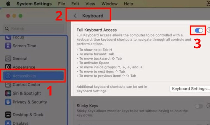 Tìm và chọn Accessibility sau đó tiếp tục chọn Keyboard