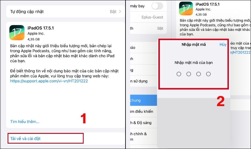 Chọn Tải về và Cài đặt, sau đó nhập mật khẩu để bắt đầu quá trình cập nhật