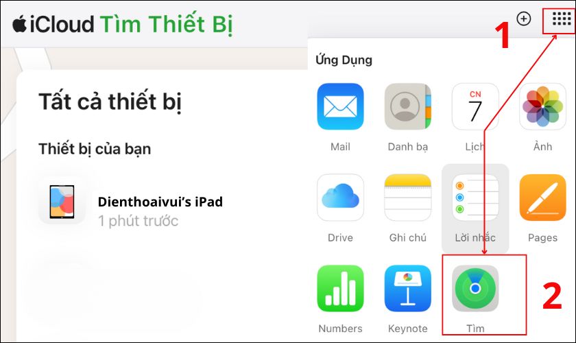 Đăng nhập iCloud liên kết với iPad của bạn, sau đó chọn Tìm (Find iPad) từ menu