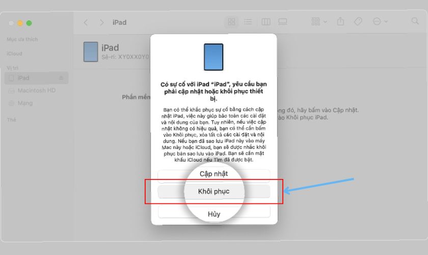 Chọn Khôi phục, đợi máy tính tải phần mềm cho iPad và hoàn tất quá trình khôi phục