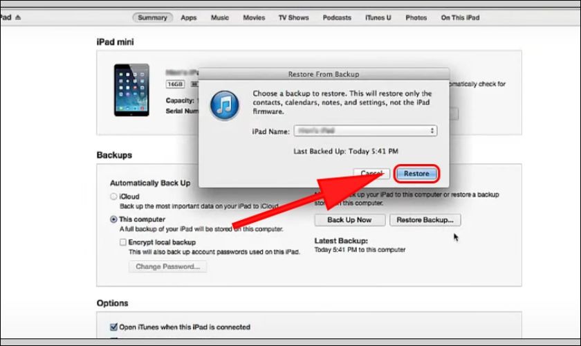 Khi quá trình khôi phục hoàn tất, bạn chọn Khôi phục từ sao lưu iTunes (Restore)