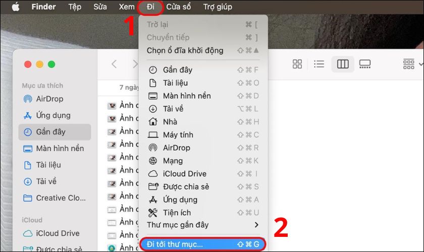 Mở Finder sau đó bạn chọn vào Đi rồi chọn tiếp Đi tới thư mục