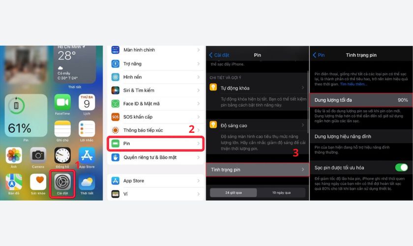 Kiểm tra pin iphone 11 thông qua Cài đặt