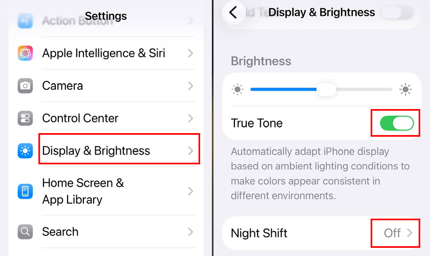 Tắt/ mở chế độ Night Shift và True Tone trong Màn hình & Độ sáng