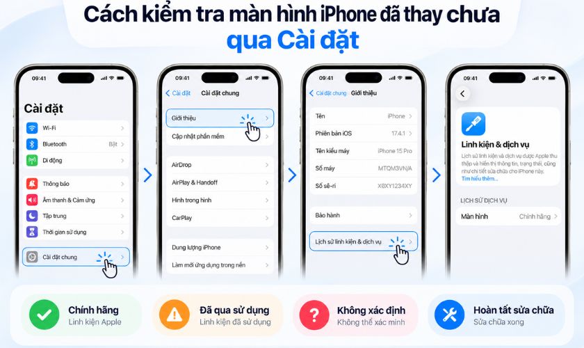 Cách kiểm tra màn hình iPhone đã thay chưa qua Cài đặt