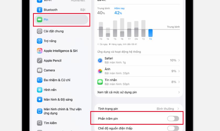 Bật hiển thị phần trăm pin trên iPad