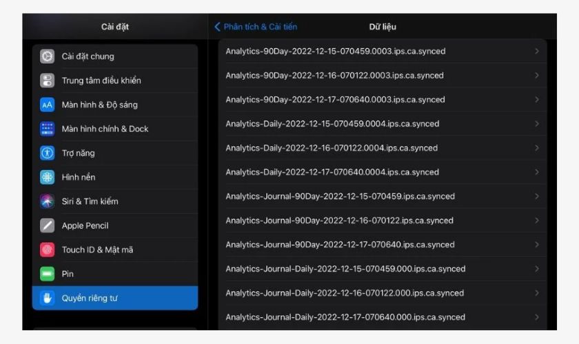 Kiểm tra dung lượng pin iPad qua tính năng Analytics