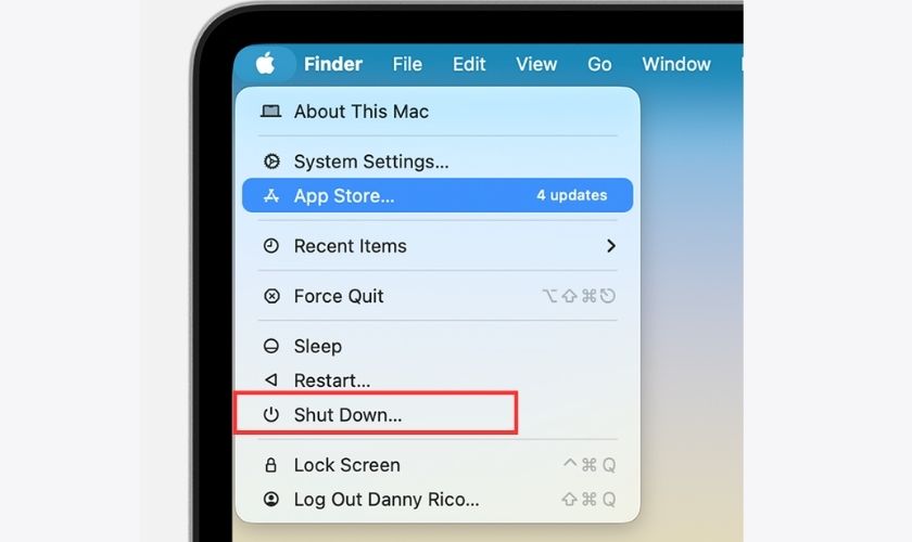 Tắt MacBook qua Thanh Menu Apple