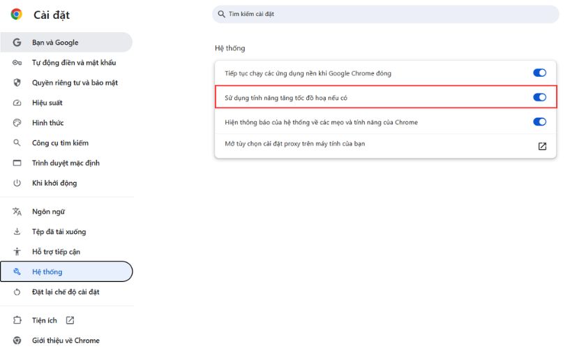 Tắt tăng tốc phần cứng (Hardware Acceleration)