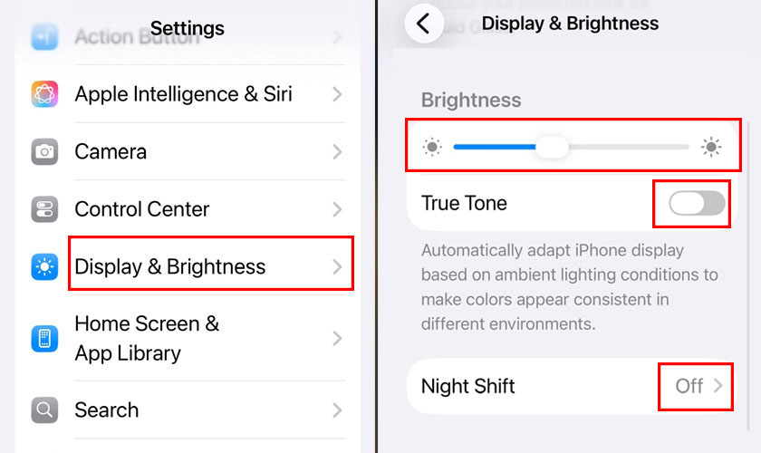 Tắt True Tone, Night Shift và điều chỉnh độ sáng