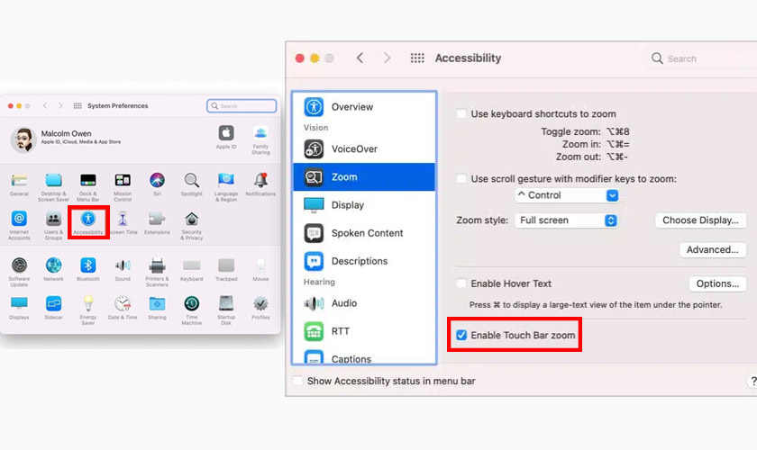 Bật tính năng phóng to Touch Bar