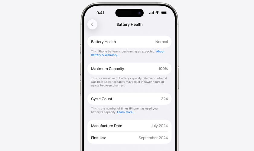 xem số lần sạc iPhone 16