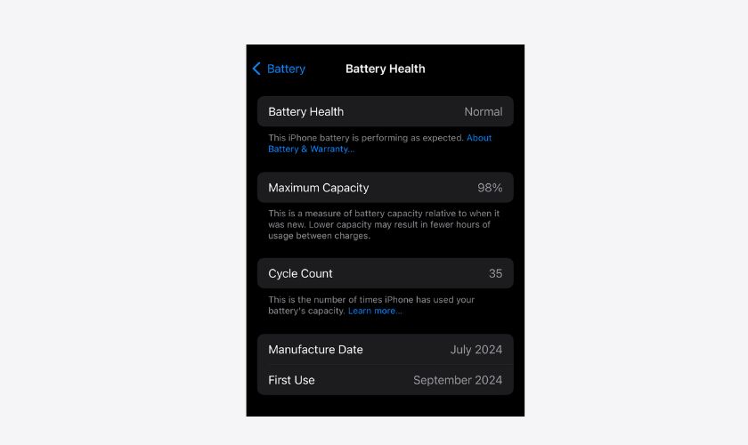 Số lần sạc (cycle count) trên iPhone 16 là gì