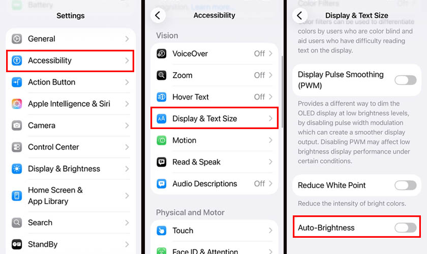 Tắt Auto Brightness để kiểm tra hiển thị