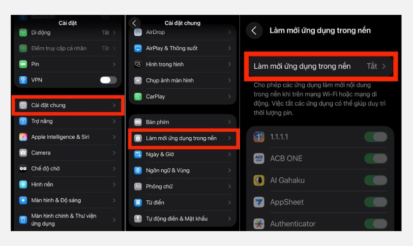 Tắt Làm mới ứng dụng trong nền