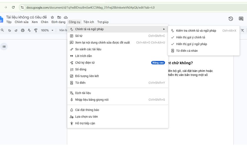 Tắt kiểm tra chính tả trên Google Docs