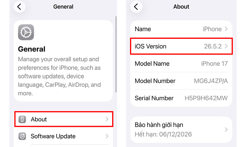 Kiểm tra trong mục Giới thiệu để xem nhanh phiên bản iOS