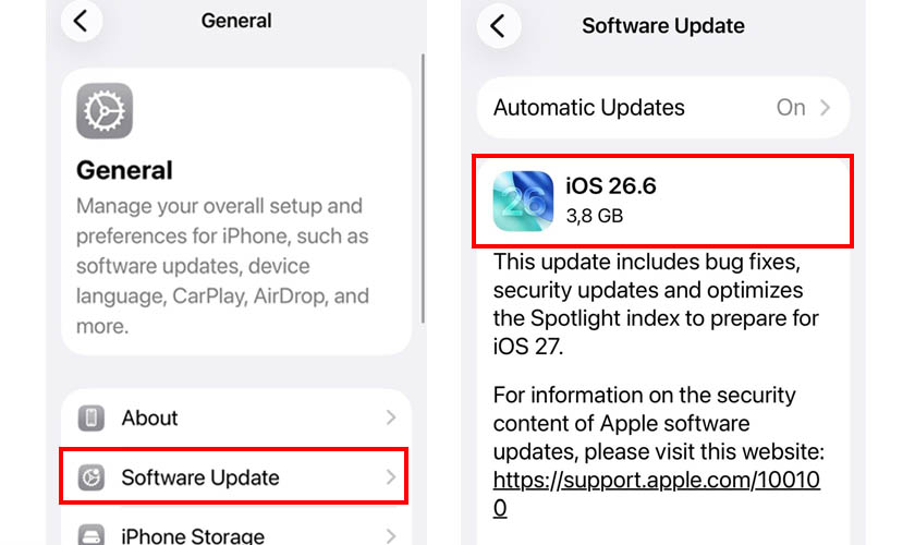 Kiểm tra iOS trên iPhone trong mục Cập nhật phần mềm